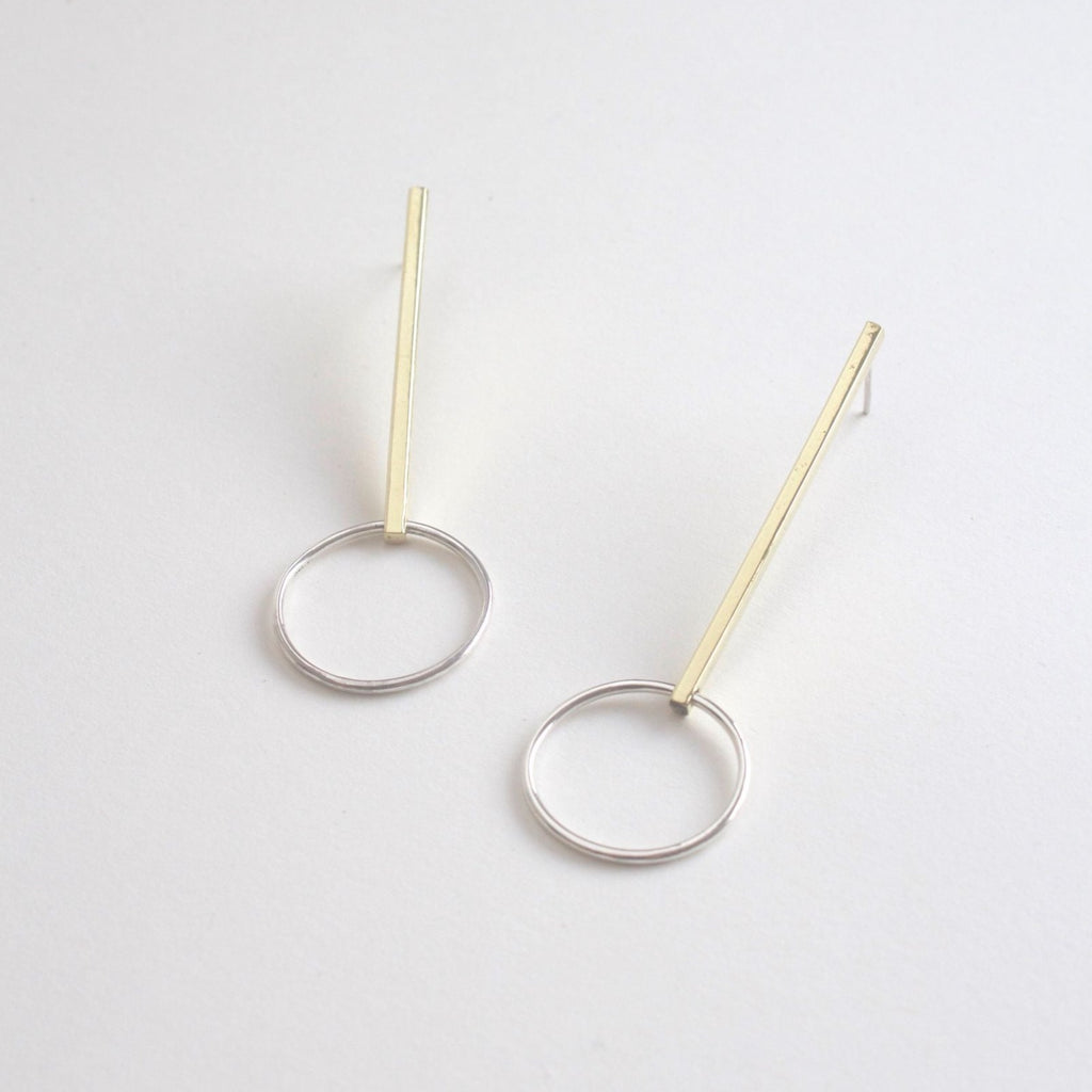 Long Bar Earrings in Brass with Sterling Silver Circles