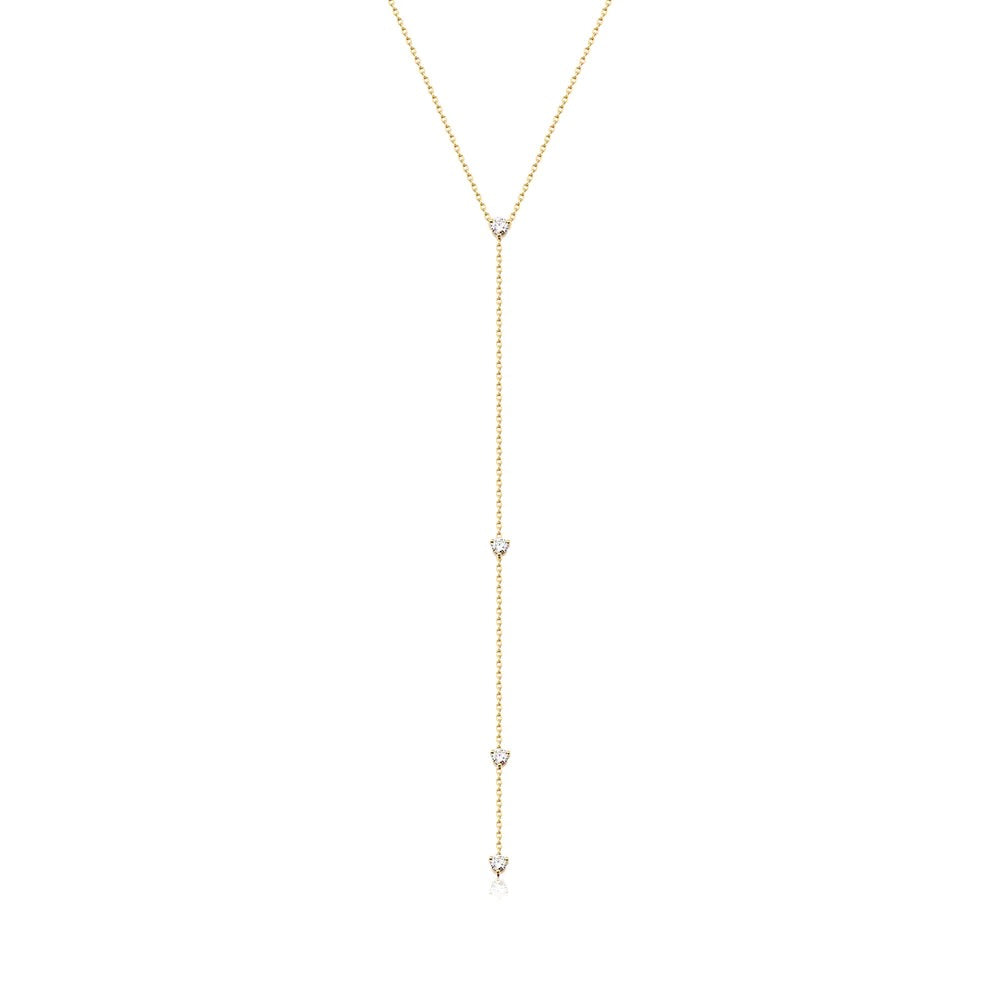 A gorgeous Y or lariat-style necklace in 14K yellow gold, rose gold or white gold. 4 round white diamonds are suspended along the lustrous gold chain. Shown in Yellow Gold.