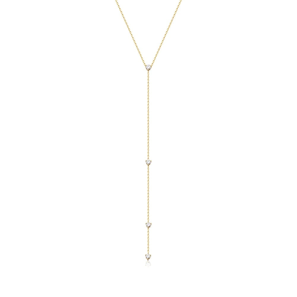 A gorgeous Y or lariat-style necklace in 14K yellow gold, rose gold or white gold. 4 round white diamonds are suspended along the lustrous gold chain. Shown in Yellow Gold.