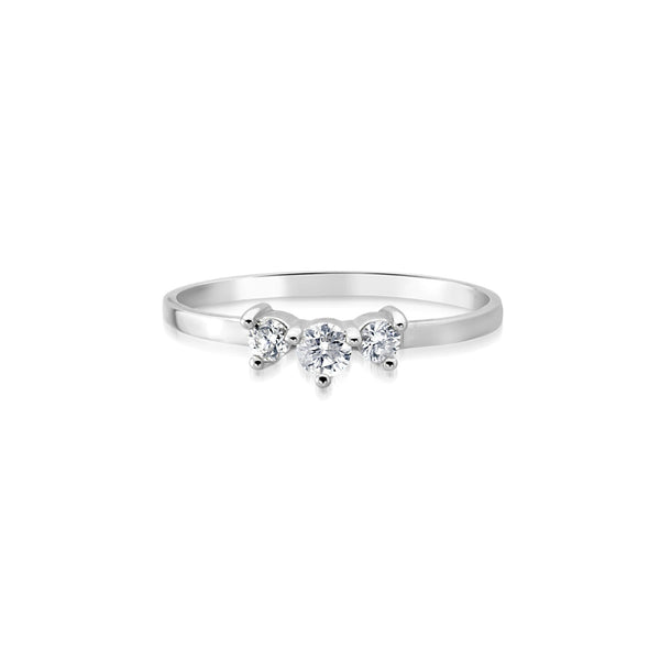 Delicate 3 diamond and 14K White Gold Stacking Ring Front View