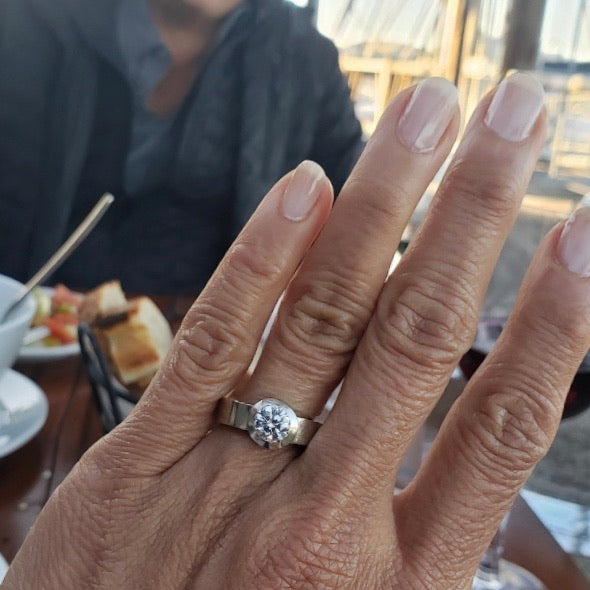white gold and diamond engagement ring by Jeffrey Levin, dhown on bride's hand.