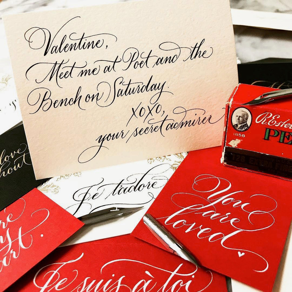 Sarah Hanna calligraphy and lettering artist will be live at Poet and the Bench addressing your valentines.