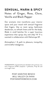 Back of bottle label information for the Sensual Warm and Spicy No 9 Room Mist
