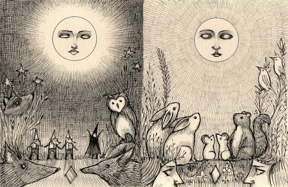 Night and Day is a charming and whimsical detailed pen and ink drawing diptych on found paper by artist Jon Carling. 