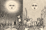 Night and Day is a charming and whimsical detailed pen and ink drawing diptych on found paper by artist Jon Carling. 
