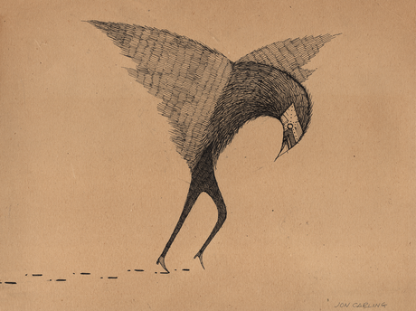 Small Steps is a pen and ink drawing&nbsp;by artist Jon Carling on a found paper. Birdman has unusually small feet. He finds the trait very helpful for all of his sneaking about.
