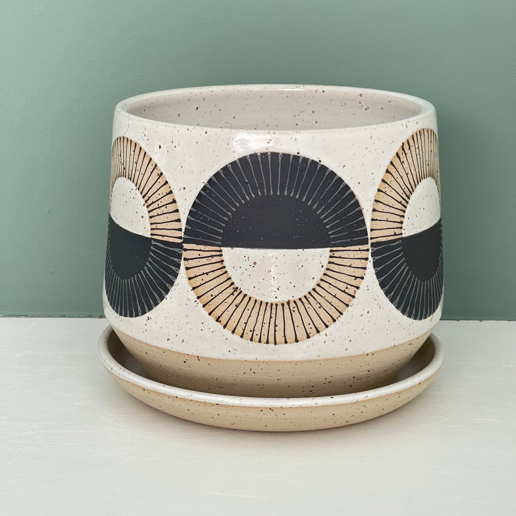 Wheel thrown 6" Ceramic Planter with Saucer decorated in a ‘Two tone Radial’ pattern using underglaze on exposed clay. 