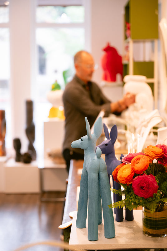 Art and Design gallery with ceramic animal sculptures, jewelry, ceramics and home goods