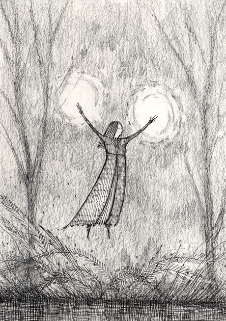 Forest Spell is a pen and ink drawing on found paper by artist Jon Carling. "Another burst of sparks spiraled from her fingertips. She could now conjure the spell on command! 