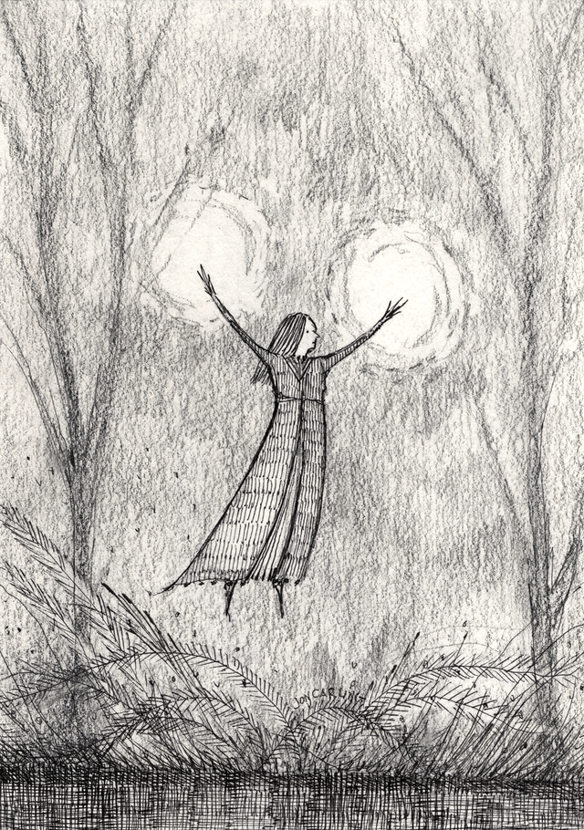 Forest Spell is a pen and ink drawing on found paper by artist Jon Carling. "Another burst of sparks spiraled from her fingertips. She could now conjure the spell on command! 