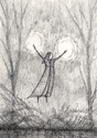 Forest Spell is a pen and ink drawing on found paper by artist Jon Carling. "Another burst of sparks spiraled from her fingertips. She could now conjure the spell on command! 