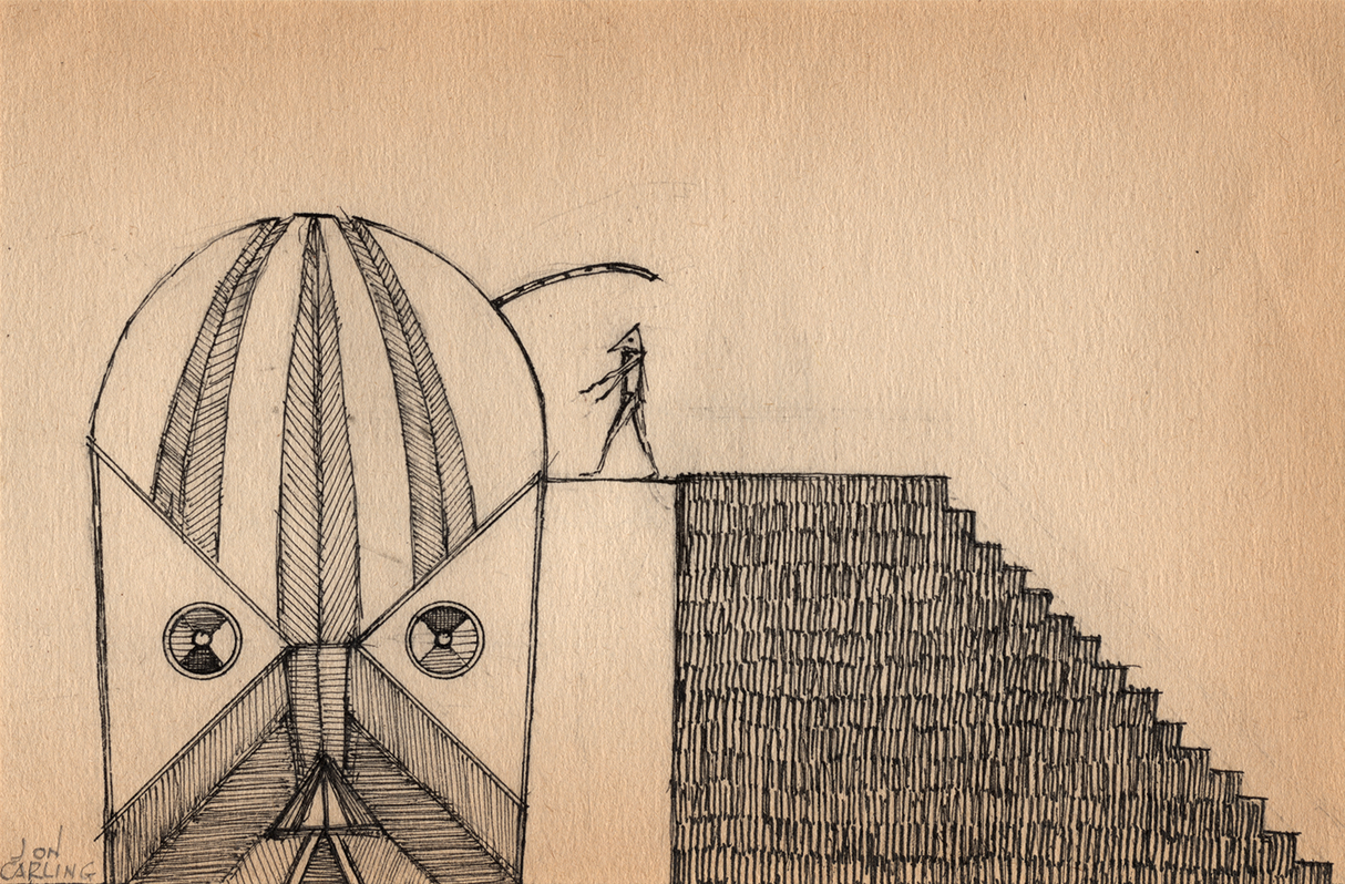 Head Pilot is a pen and ink drawing by artist Jon Carling on a found 1960's paperback end paper. 
