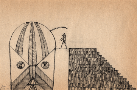 Head Pilot is a pen and ink drawing by artist Jon Carling on a found 1960's paperback end paper. 