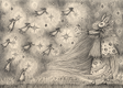 Stars and Sprites is a mythical and magical heavily detailed pen and ink drawing on found cotton paper by artist Jon Carling. "The display of power by the sprites impressed the magician. She replied with a peaceful spark." ~ Jon Carling