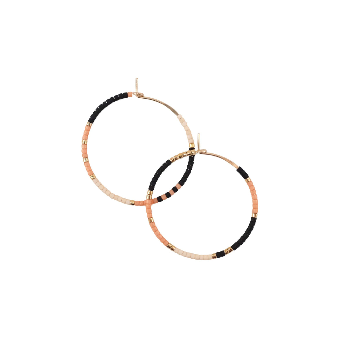 Pair of gold filled hoop earrings with black, pink, cream Japanese glass beads, and gold filled beads