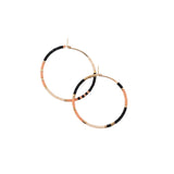 Pair of gold filled hoop earrings with black, pink, cream Japanese glass beads, and gold filled beads