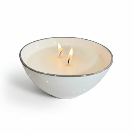 Atmosphere Candle  in white porcelain bowl with gray rim. Vegetable Wax and Clean Fragrance in Warm Seductive Scent