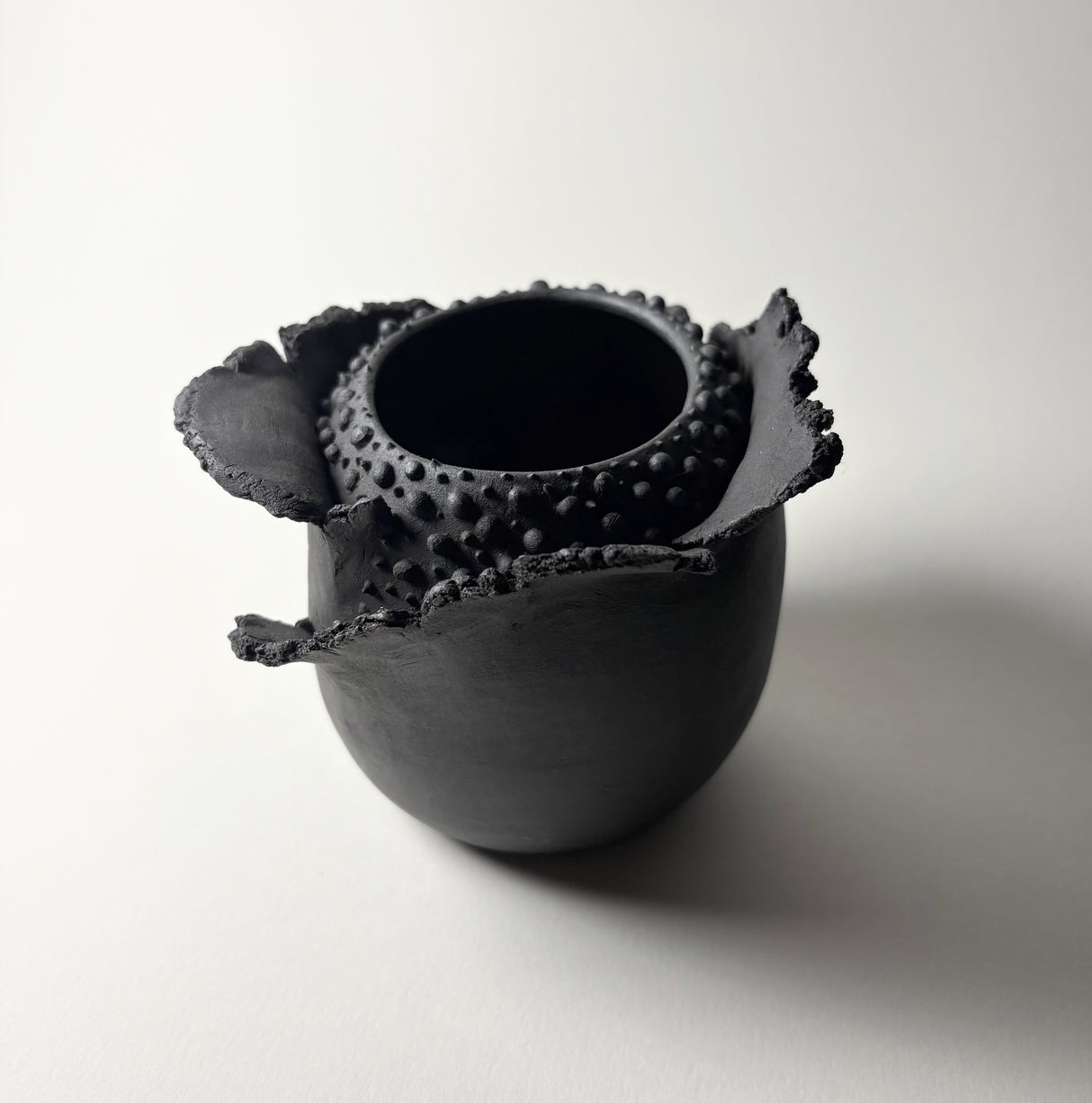 Peeling Petals Vase in black clay inspired by the resilient plants of the desert, their forms and textures