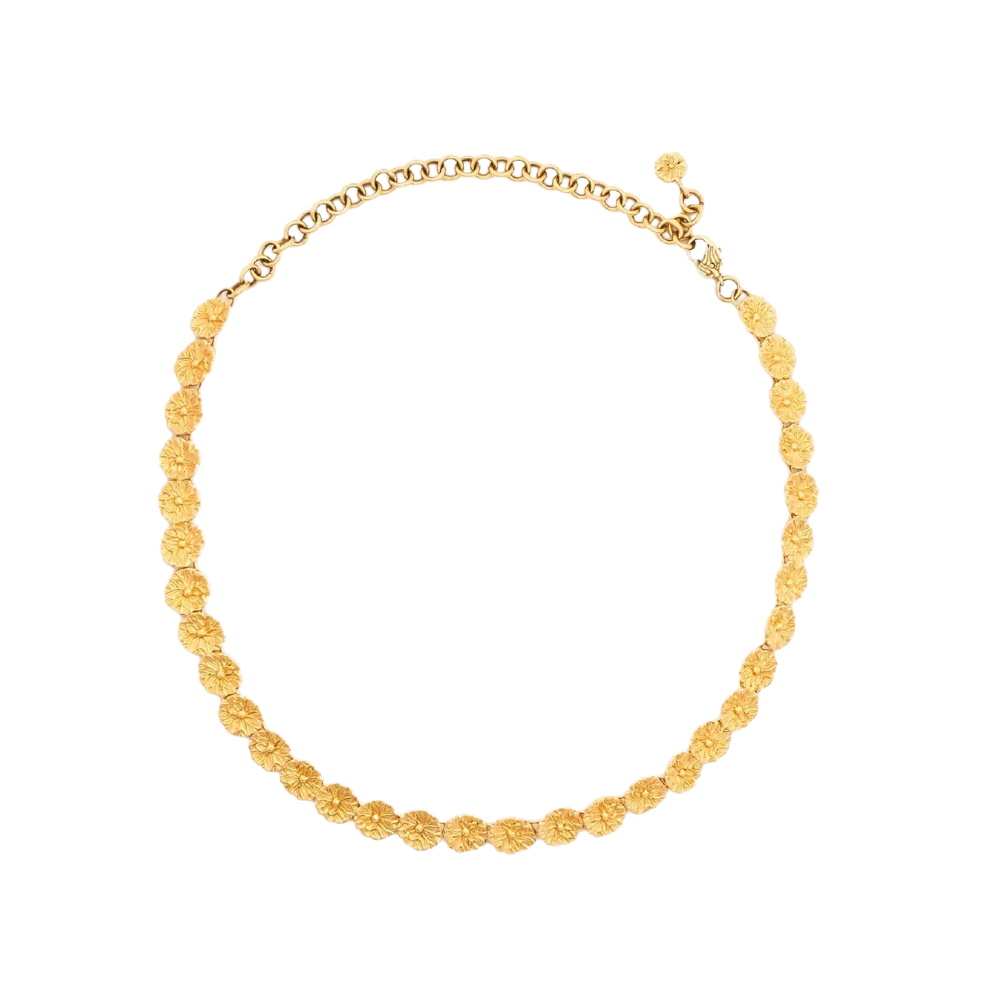 Gold necklace with a succession of lily pads, forming a choker necklace