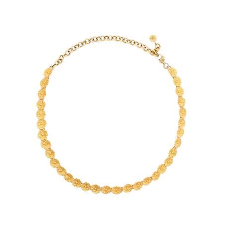 Gold necklace with a succession of lily pads, forming a choker necklace