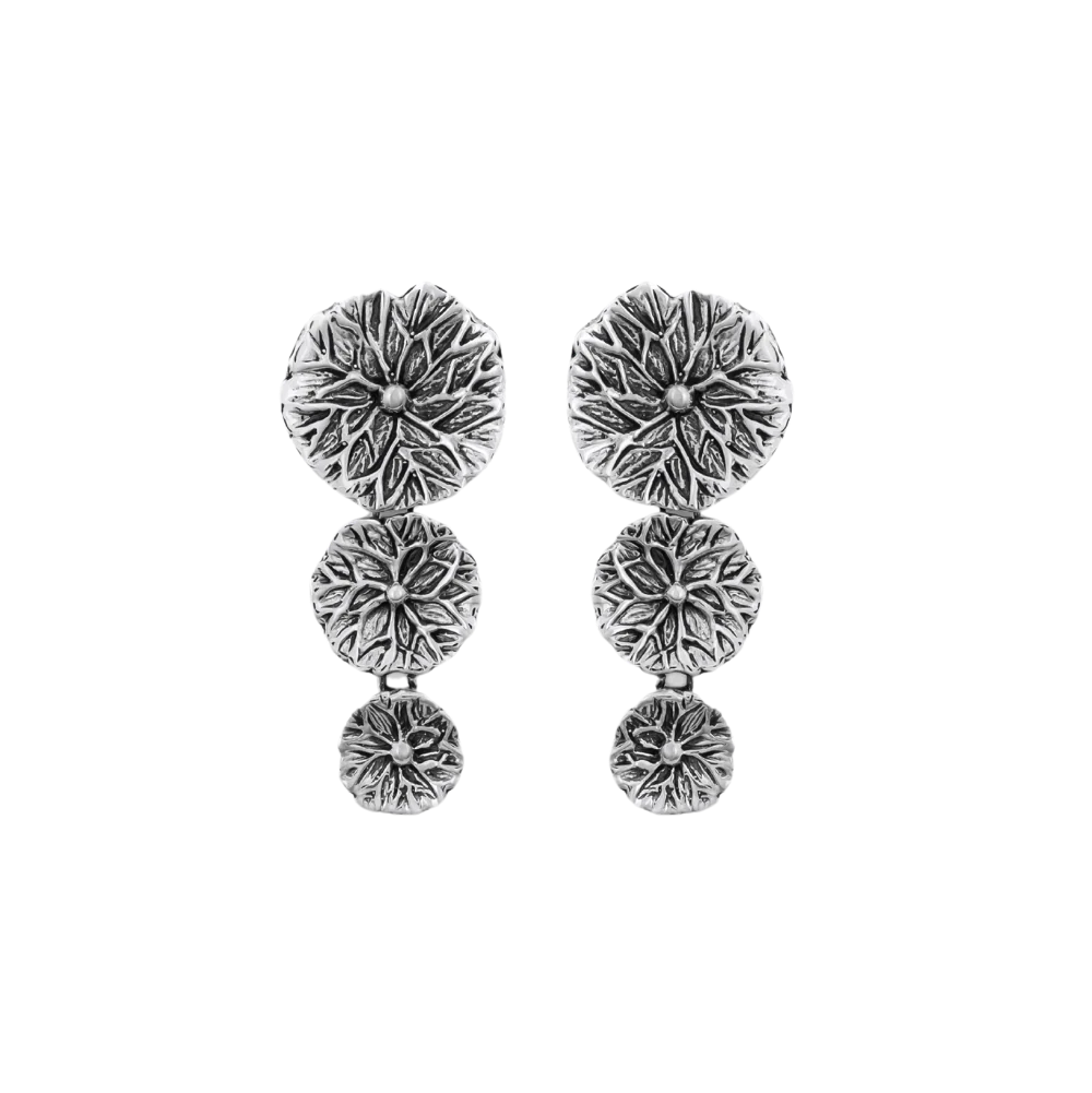 Pair of silver lily pad triple drop earrings 