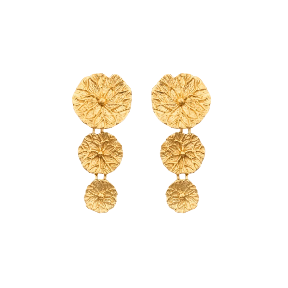 Pair of triple drop gold lily pad earrings 