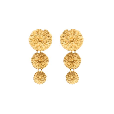 Pair of triple drop gold lily pad earrings 