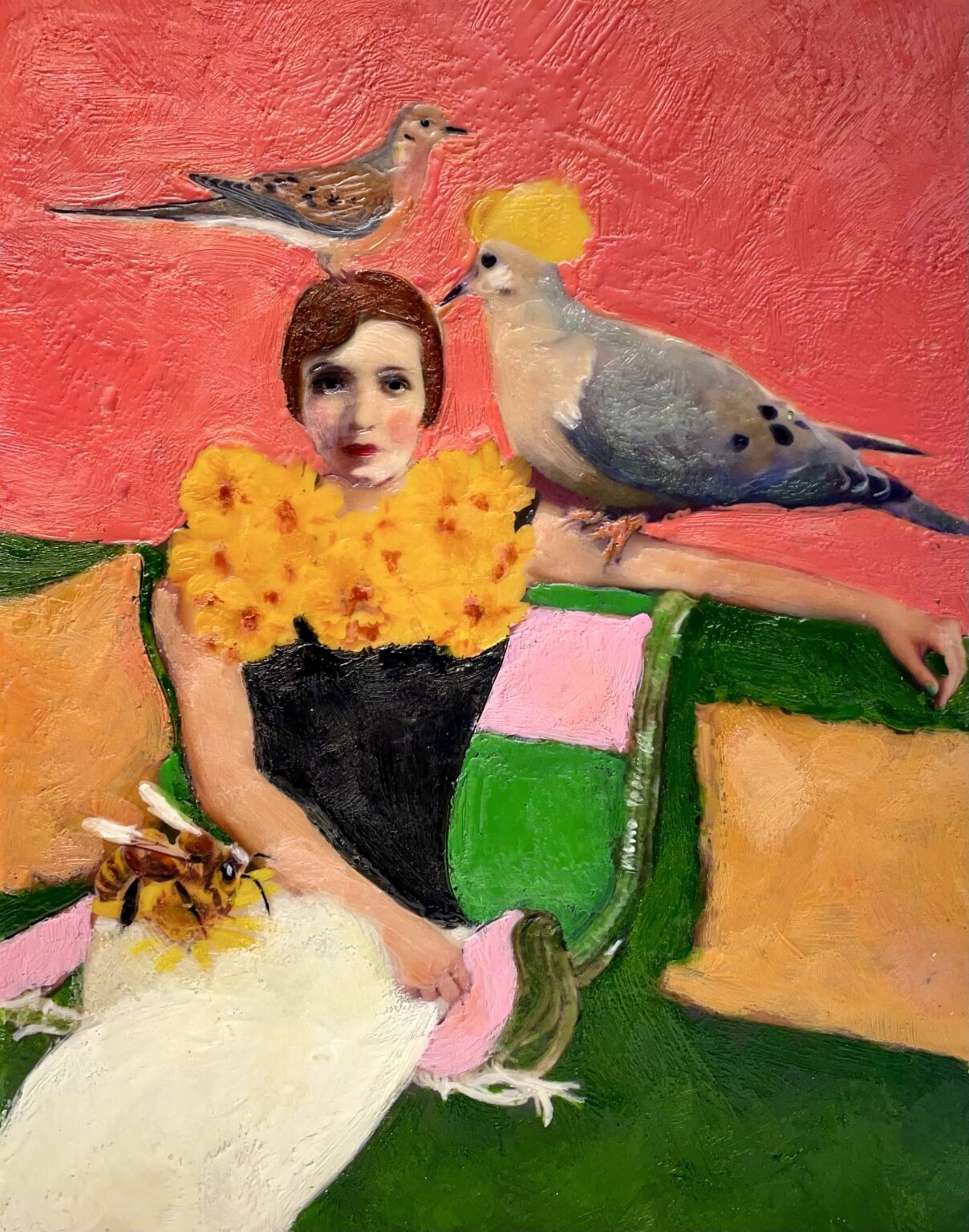 Collage of a woman with birds and a bee on a colorful background