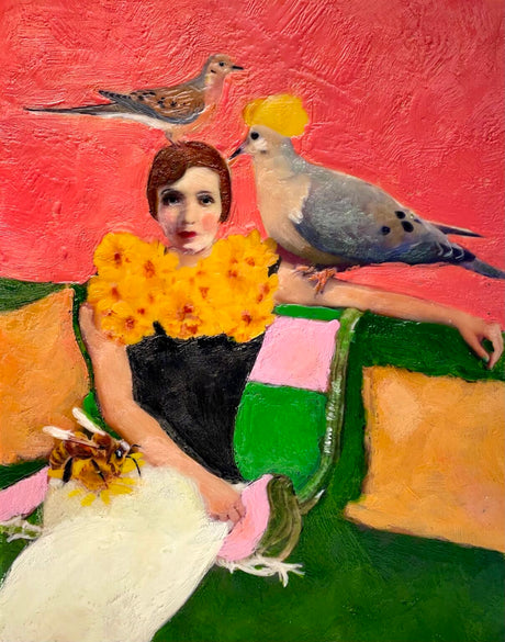 Collage of a woman with birds and a bee on a colorful background