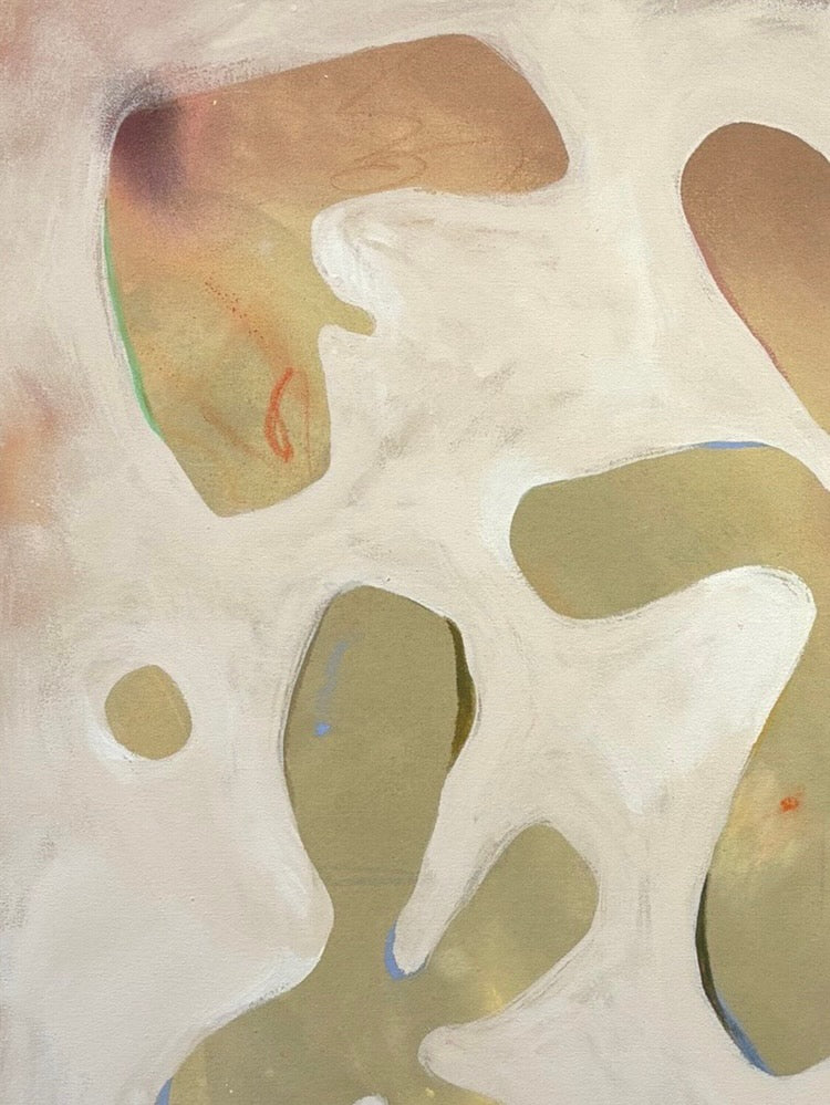 Detail of abstract art by Danielle Hutchens using natural pigments with earthy, green, and orange shapes on a light background