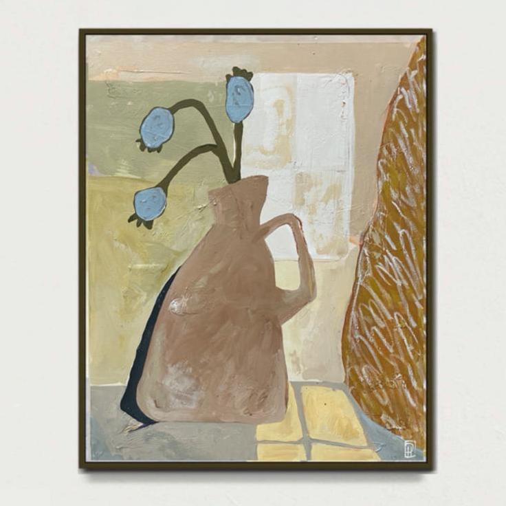 In her painting Rochelle, Danielle Hutchens incorporates forms that echo the organic setting around her, including a nod to her ceramics practice. Danielle naturally blends her practices and media. We love the neutral tones punctuated by a pop of dusty blue.