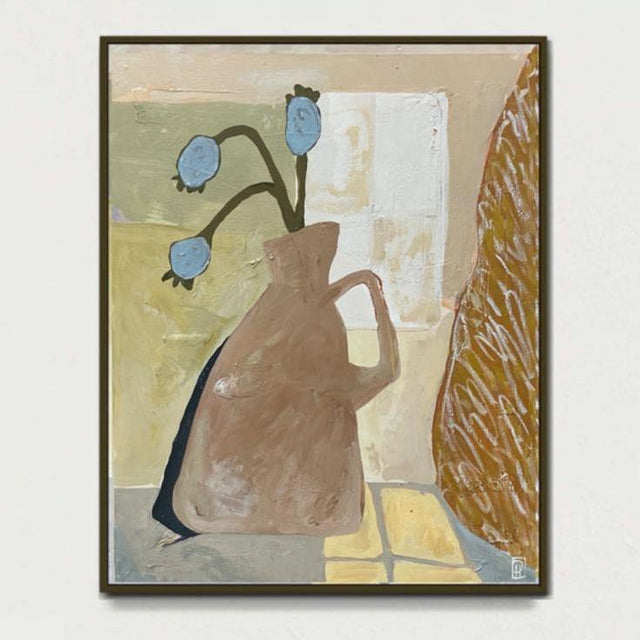 In her painting Rochelle, Danielle Hutchens incorporates forms that echo the organic setting around her, including a nod to her ceramics practice. Danielle naturally blends her practices and media. We love the neutral tones punctuated by a pop of dusty blue.