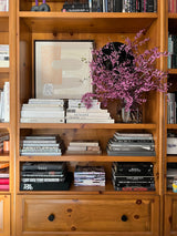 Abstract painting with shapes inspired by Oaxaca, on a shelf in a wood book shelf with books and flowers