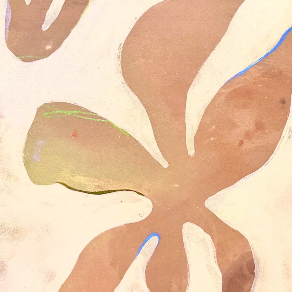 Abstract art detail by Danielle Hutchens with earthy tones, with blue and yellow highlights 