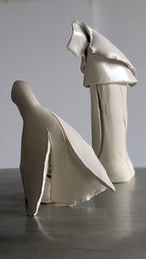 Two ceramic abstract bird sculptures on a gray surface with a neutral background