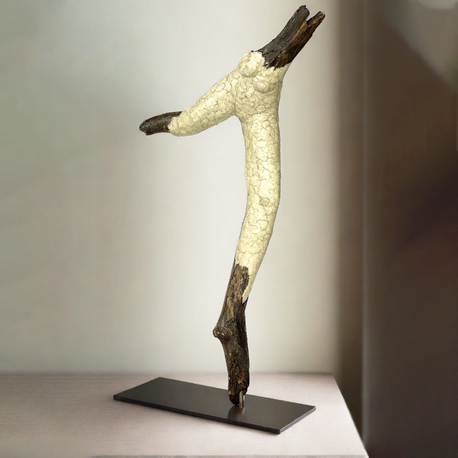 Vol 13 female figure, Air, is one of artist Denise Carletta's largest, most emotional yet. Burnt wood, with sculpted clay and mounted on steel for placement on an entryway table or a dramatic centerpiece for a living room.