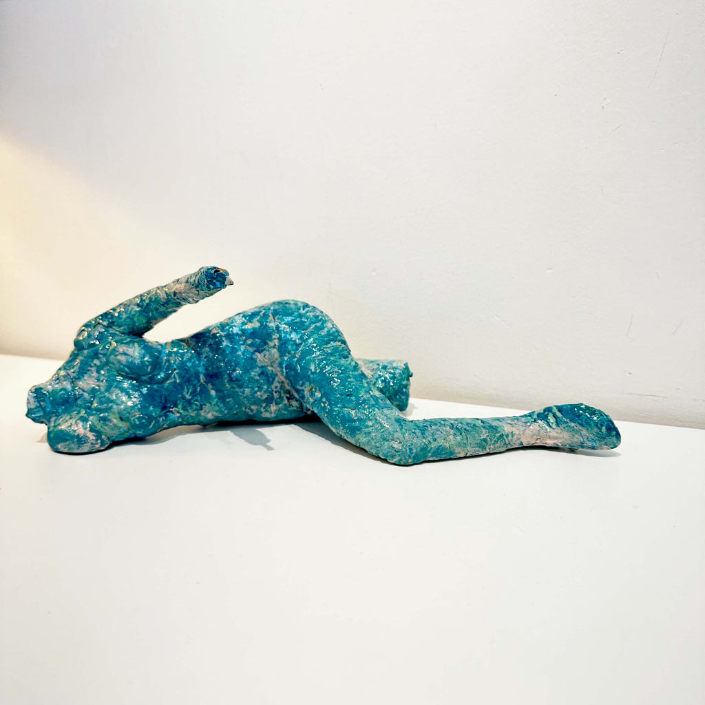 Denise Carletta painterly figurative Woman in Blue clay sculpture is compelling, emotive and provocative. This is two in a series of sculptures using exposed armature. 