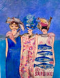 Three women in elaborate fish themed costumes, one with a 'Sardine' label on a blue background