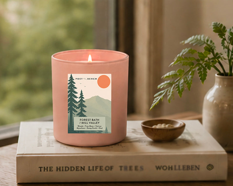 A blush pink glass candle labeled 'Forest Bath / Mill Valley' sits lit on a book on a wooden table, with a small bowl and a potted fern in a vase nearby in a softly lit indoor setting.