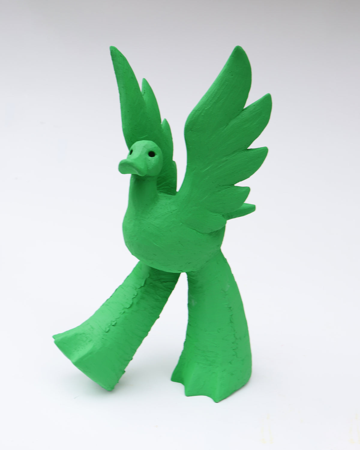 Pop Folk Ceramic Sculpture of a Green Duck with Wings and Lare Legs