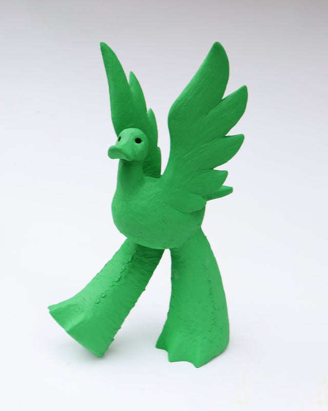 Pop Folk Ceramic Sculpture of a Green Duck with Wings and Lare Legs