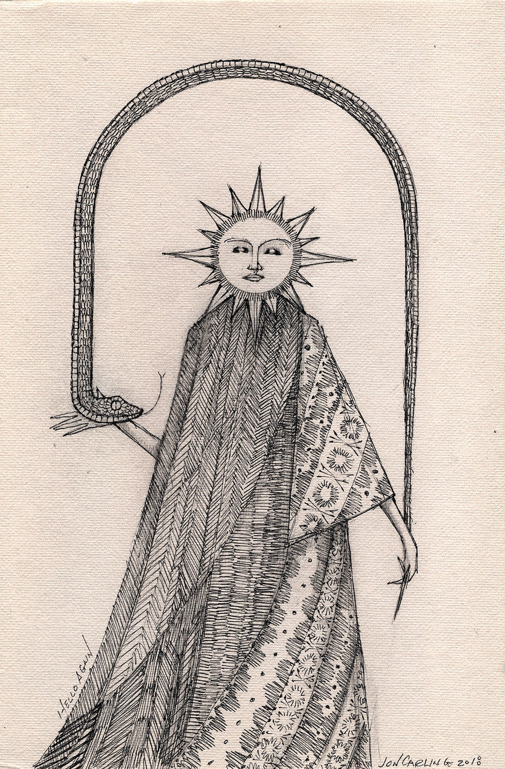 Hello Again, Jon Carling creates a mystical, magical world with a sun character and a snake in this heavily detailed ink drawing on cotton paper