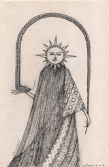 Hello Again, Jon Carling creates a mystical, magical world with a sun character and a snake in this heavily detailed ink drawing on cotton paper