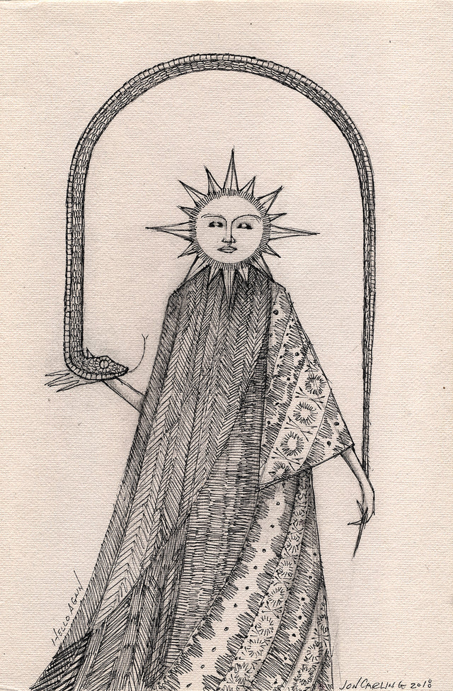 Hello Again, Jon Carling creates a mystical, magical world with a sun character and a snake in this heavily detailed ink drawing on cotton paper