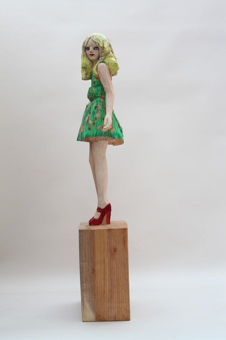 Monet wood carved female figure by Hideki Iinuma, Japanese artist.