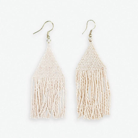 A subtle luminous shimmer, these lightweight and effortlessly cool woven beaded fringe earrings in ivory will be your everyday staple! 