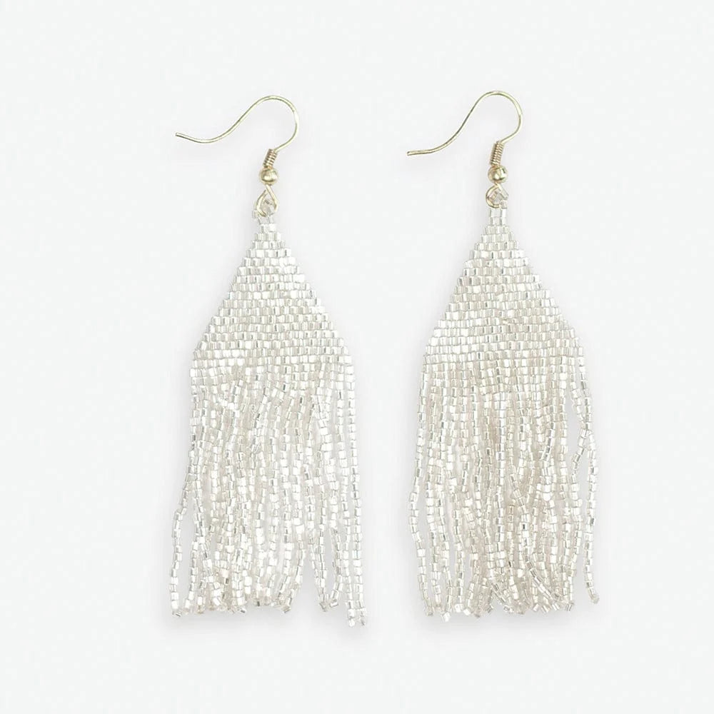 Lexie Woven and Beaded Fringe Earrings in a Solid Color Way of Shimmering Silver 