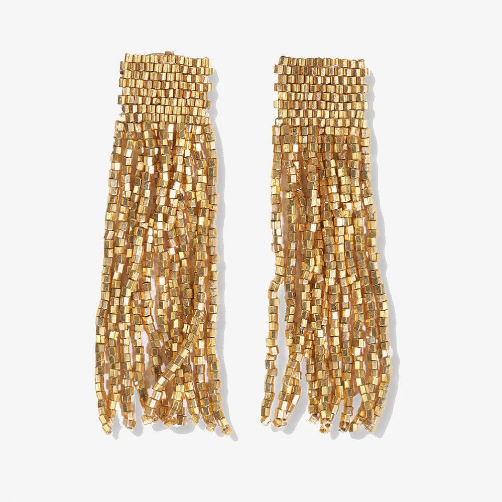 The beaded fringe earrings feature a woven rectangular top and cascading strands of small gold beads.
