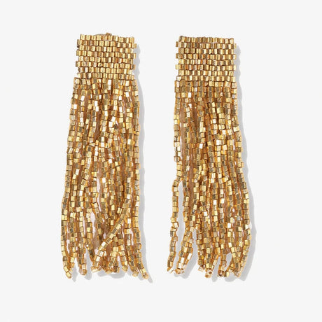 The beaded fringe earrings feature a woven rectangular top and cascading strands of small gold beads.