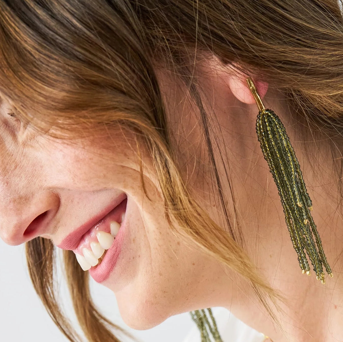 IAA / Earrings / Beaded Fringe / Marissa Cascading Olive